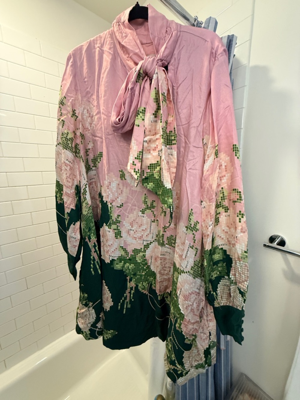 Maeve Anthropologie Caroline Floral Tie Neck Dress Pink Green XL